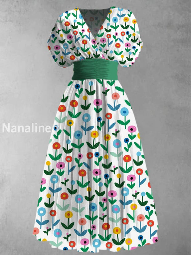 Retro Floral Art Printed Elegant V-Neck Vintage Short Sleeve Maxi Dress A / S