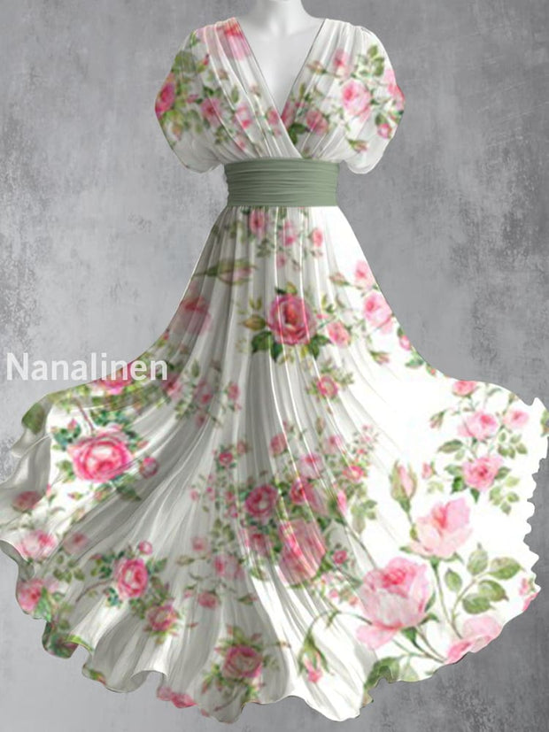 Retro Floral Art Printed Elegant V-Neck Vintage Short Sleeve Maxi Dress A / S