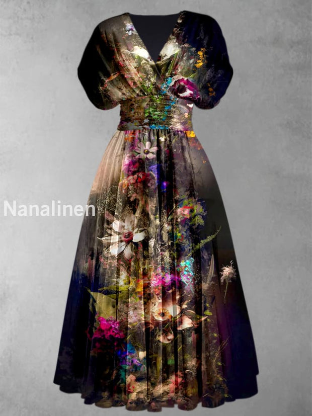 Retro Floral Art Printed Elegant V-Neck Vintage Short Sleeve Maxi Dress A / S