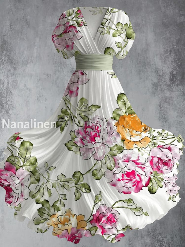 Retro Floral Art Printed Elegant V-Neck Vintage Short Sleeve Maxi Dress A / S