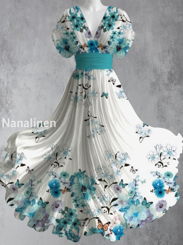 Retro Floral Art Printed Elegant V-Neck Vintage Short Sleeve Maxi Dress A / S