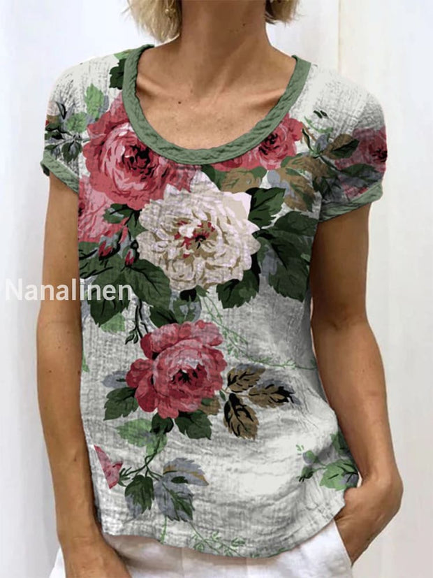 Retro Floral Art Printed Round Neck Button Pocket Linen Mid Long Sleeve Shirt A / S