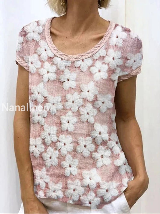 Retro Floral Art Printed Round Neck Button Pocket Linen Mid Long Sleeve Shirt A / S
