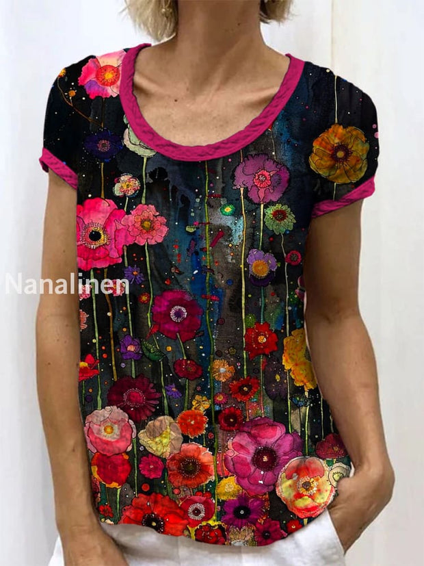 Retro Floral Art Printed Round Neck Button Pocket Linen Mid Long Sleeve Shirt A / S