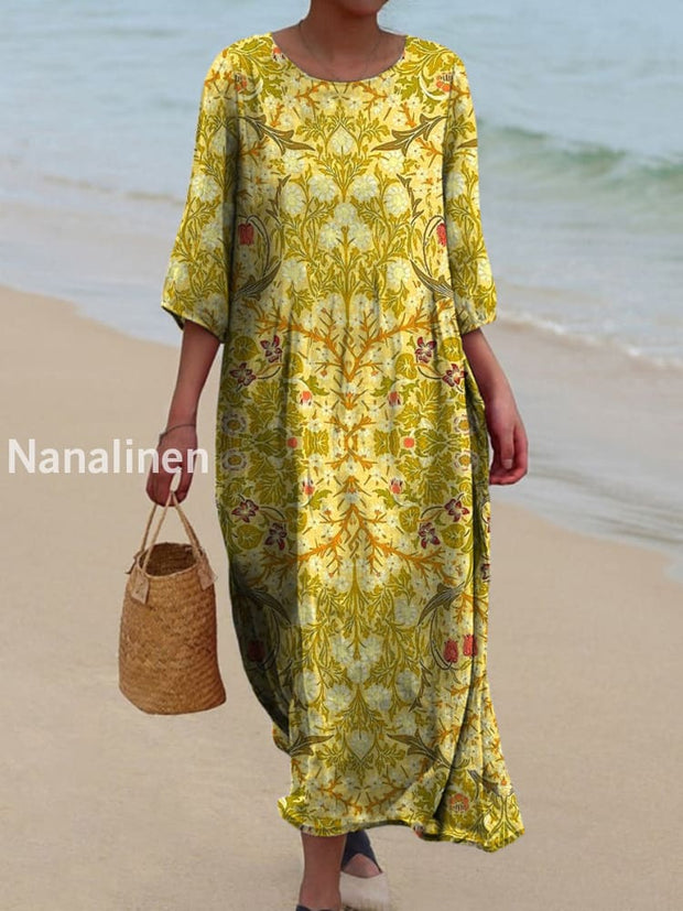 Retro Floral Art Printed Round Neck Vintage Loose Long Sleeves Midi Dress A / S