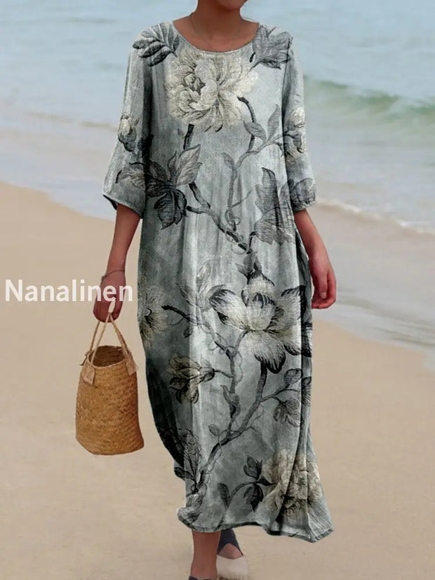 Retro Floral Art Printed Round Neck Vintage Loose Long Sleeves Midi Dress A / S