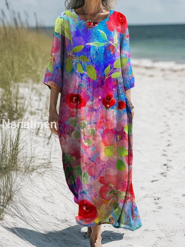 Retro Floral Art Printed Round Neck Vintage Loose Long Sleeves Midi Dress A / S