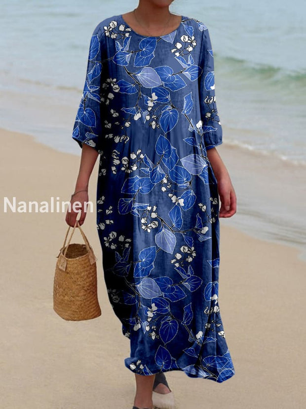 Retro Floral Art Printed Round Neck Vintage Loose Long Sleeves Midi Dress A / S