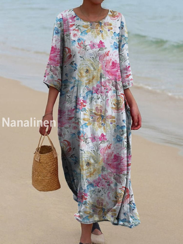 Retro Floral Art Printed Round Neck Vintage Loose Long Sleeves Midi Dress A / S