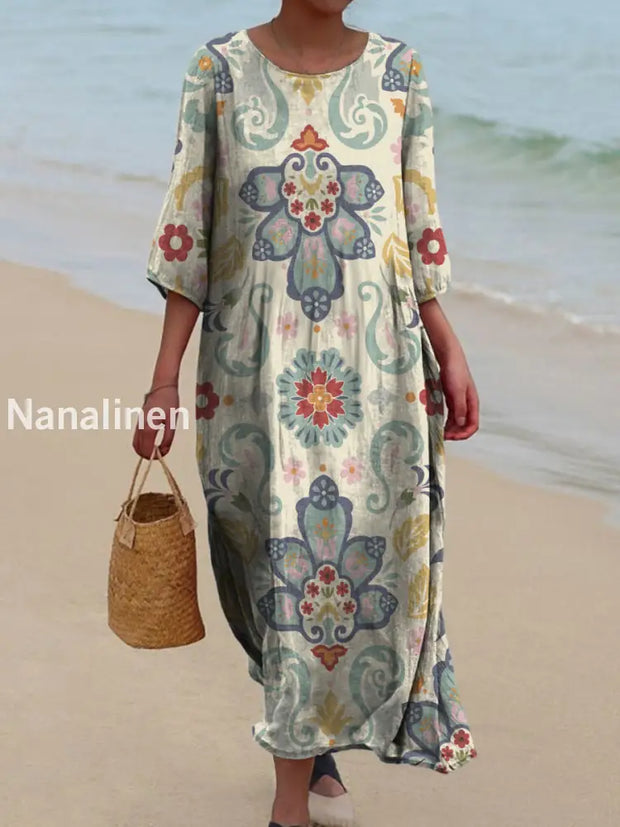 Retro Floral Art Printed Round Neck Vintage Loose Long Sleeves Midi Dress A / S