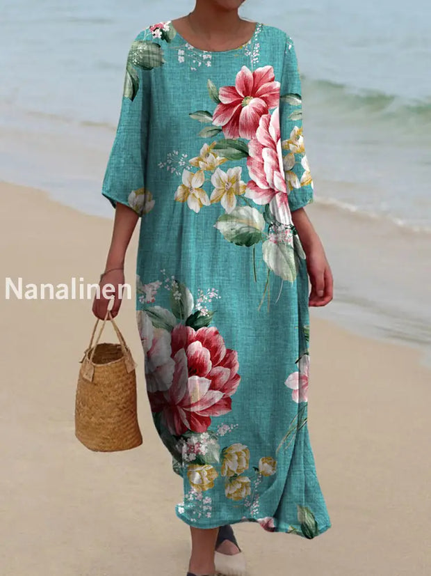 Retro Floral Art Printed Round Neck Vintage Loose Long Sleeves Midi Dress A / S