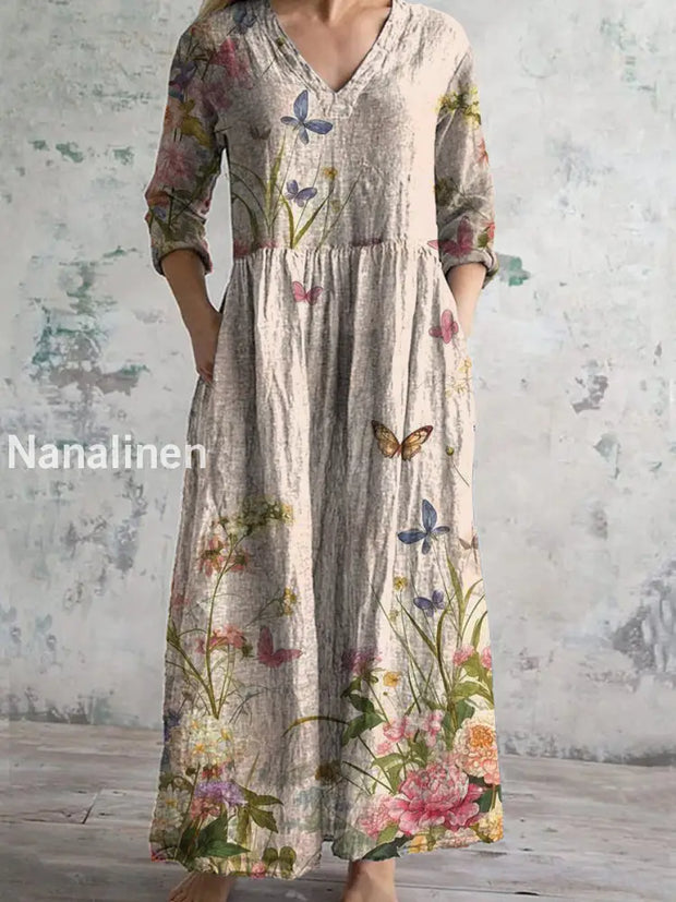 Retro Floral Art Printed V-Neck Vintage Casual Long Sleeve Midi Dress A / S