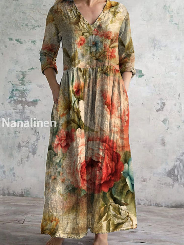 Retro Floral Art Printed V-Neck Vintage Casual Long Sleeve Midi Dress A / S