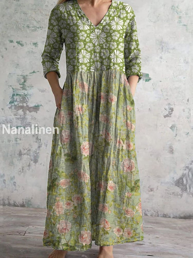 Retro Floral Art Printed V-Neck Vintage Casual Long Sleeve Midi Dress A / S