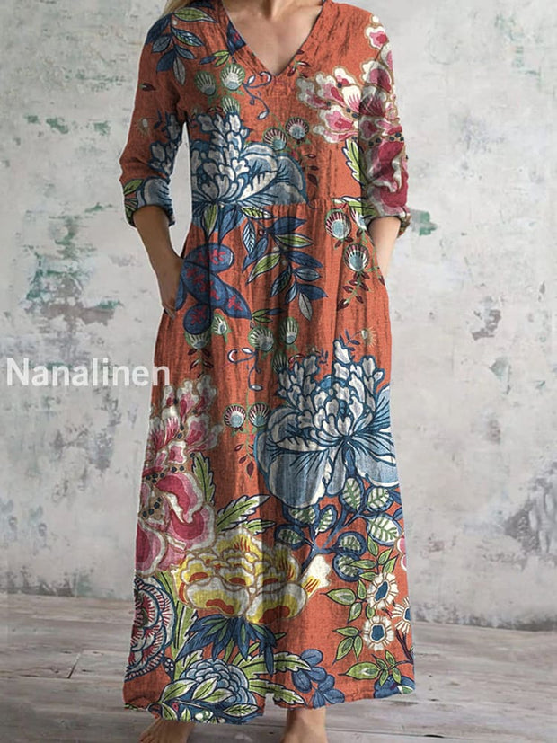 Retro Floral Art Printed V-Neck Vintage Casual Long Sleeve Midi Dress A / S