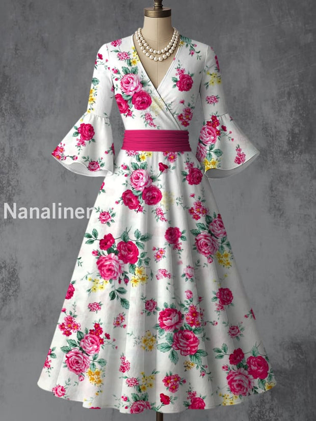 Retro Floral Art Printed V-Neck Vintage Chic Pleated Waist Flare Sleeve Midi Dress A / S