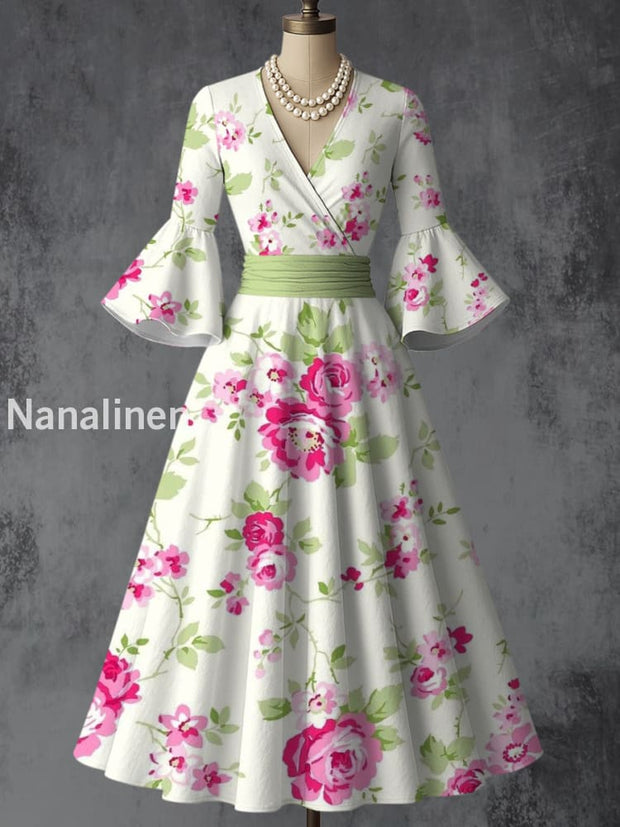 Retro Floral Art Printed V-Neck Vintage Chic Pleated Waist Flare Sleeve Midi Dress A / S