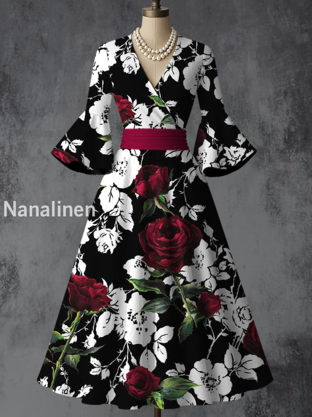 Retro Floral Art Printed V-Neck Vintage Chic Pleated Waist Flare Sleeve Midi Dress A / S
