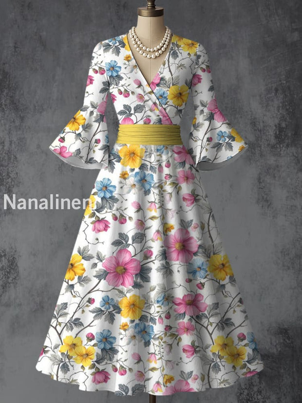 Retro Floral Art Printed V-Neck Vintage Chic Pleated Waist Flare Sleeve Midi Dress A / S