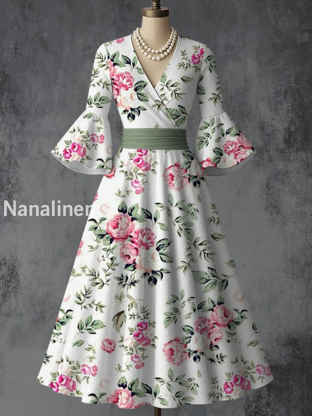 Retro Floral Art Printed V-Neck Vintage Chic Pleated Waist Flare Sleeve Midi Dress A / S