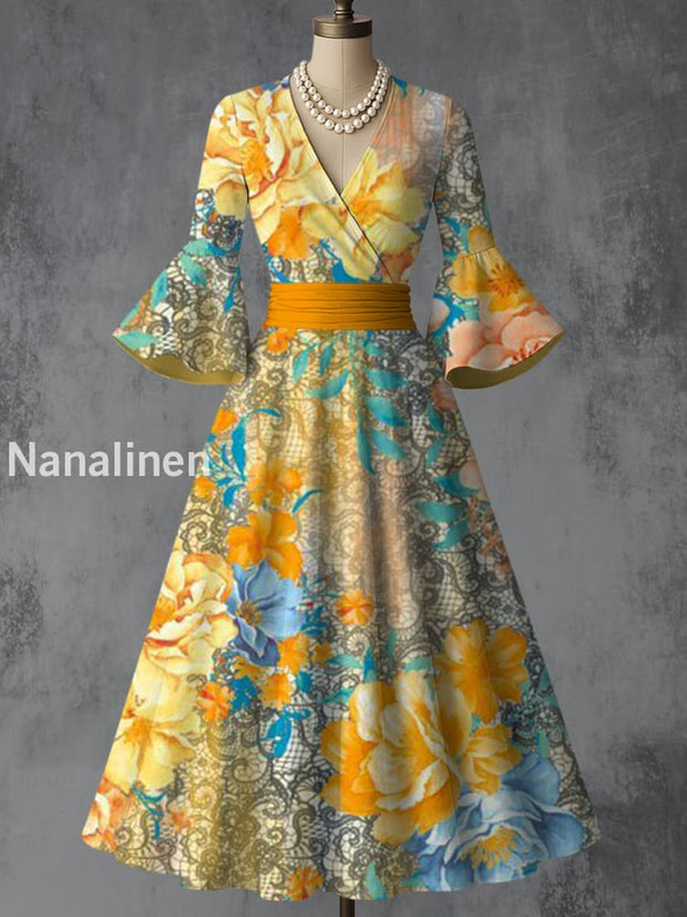 Retro Floral Art Printed V-Neck Vintage Chic Pleated Waist Flare Sleeve Midi Dress A / S