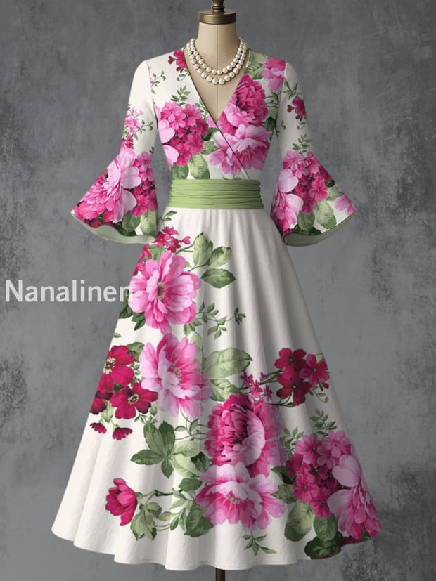 Retro Floral Art Printed V-Neck Vintage Chic Pleated Waist Flare Sleeve Midi Dress A / S