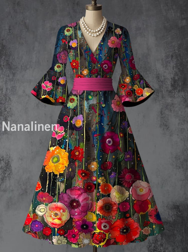 Retro Floral Art Printed V-Neck Vintage Chic Pleated Waist Flare Sleeve Midi Dress A / S