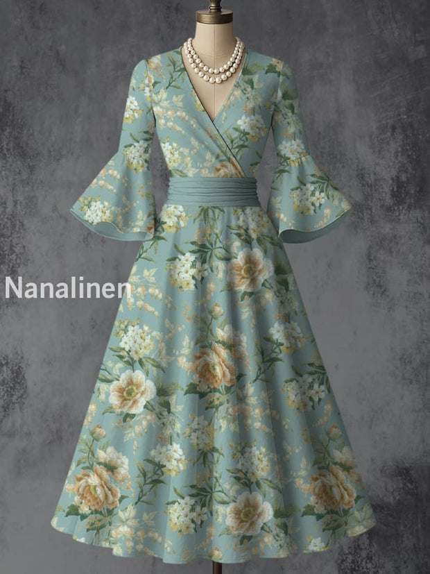 Retro Floral Art Printed V-Neck Vintage Chic Pleated Waist Flare Sleeve Midi Dress A / S
