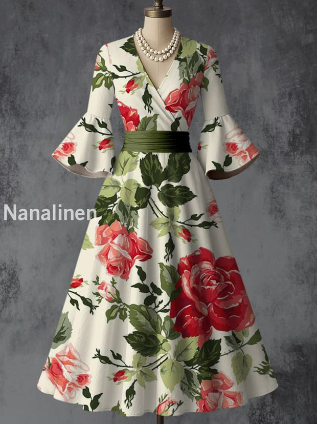 Retro Floral Art Printed V-Neck Vintage Chic Pleated Waist Flare Sleeve Midi Dress A / S
