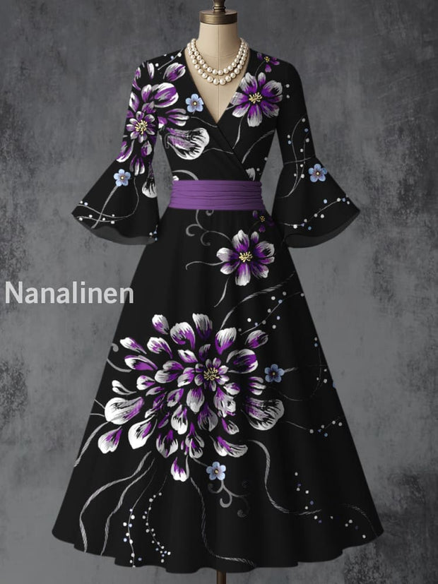 Retro Floral Art Printed V-Neck Vintage Chic Pleated Waist Flare Sleeve Midi Dress A / S