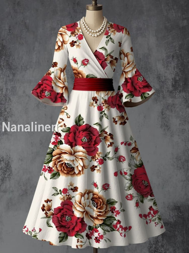 Retro Floral Art Printed V-Neck Vintage Chic Pleated Waist Flare Sleeve Midi Dress A / S