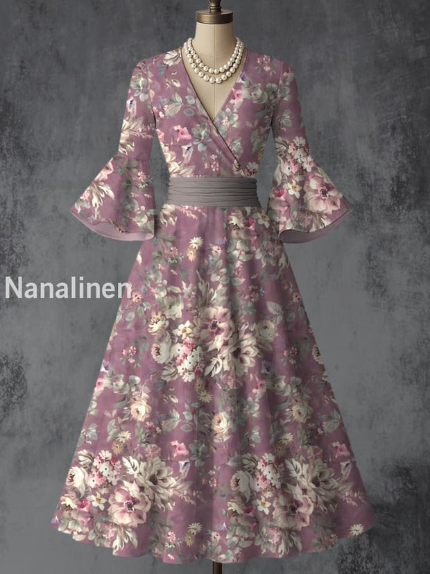 Retro Floral Art Printed V-Neck Vintage Chic Pleated Waist Flare Sleeve Midi Dress A / S