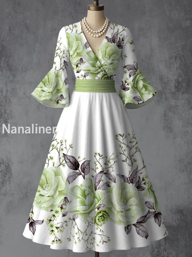Retro Floral Art Printed V-Neck Vintage Chic Pleated Waist Flare Sleeve Midi Dress A / S