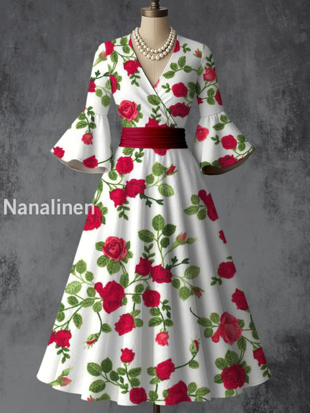 Retro Floral Art Printed V-Neck Vintage Chic Pleated Waist Flare Sleeve Midi Dress A / S