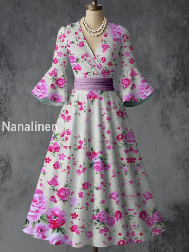 Retro Floral Art Printed V-Neck Vintage Chic Pleated Waist Flare Sleeve Midi Dress A / S