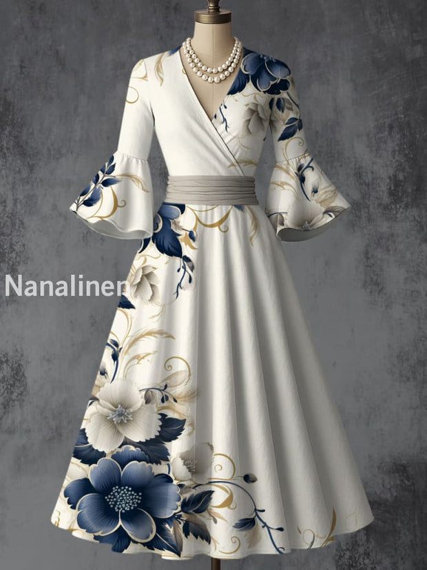 Retro Floral Art Printed V-Neck Vintage Chic Pleated Waist Flare Sleeve Midi Dress A / S
