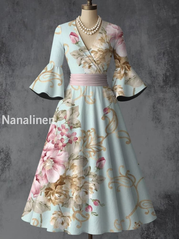 Retro Floral Art Printed V-Neck Vintage Chic Pleated Waist Flare Sleeve Midi Dress A / S