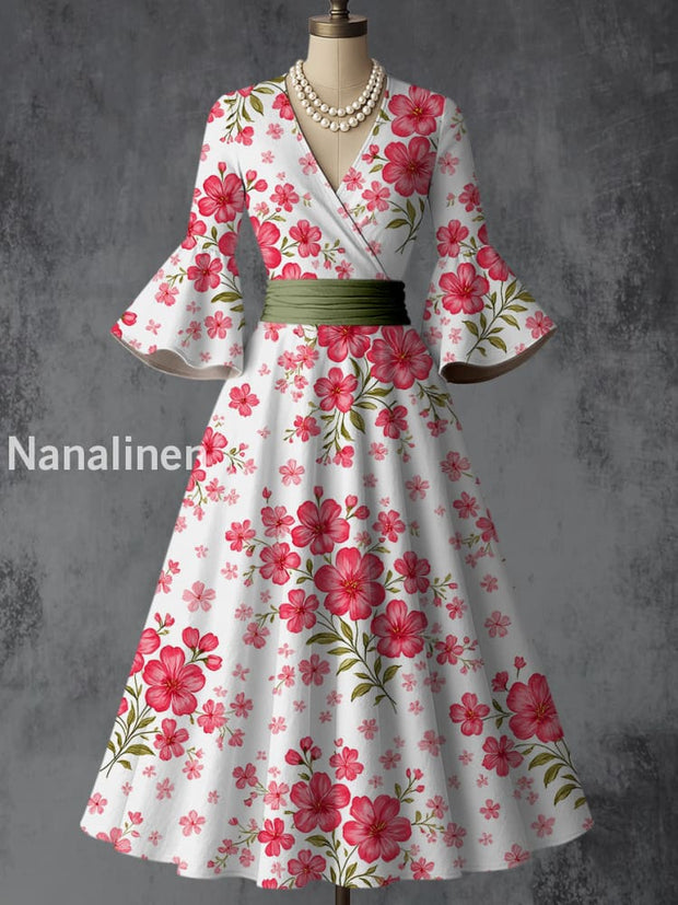Retro Floral Art Printed V-Neck Vintage Chic Pleated Waist Flare Sleeve Midi Dress A / S