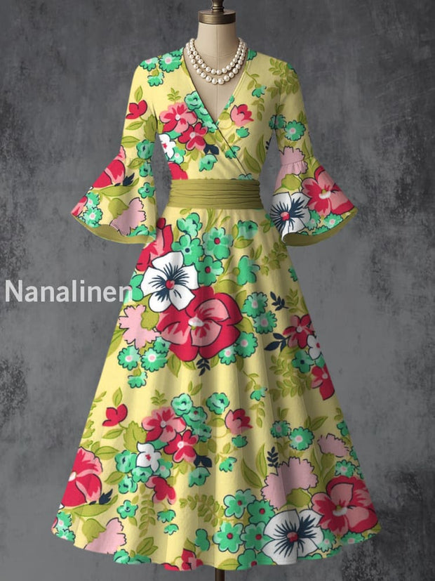 Retro Floral Art Printed V-Neck Vintage Chic Pleated Waist Flare Sleeve Midi Dress A / S