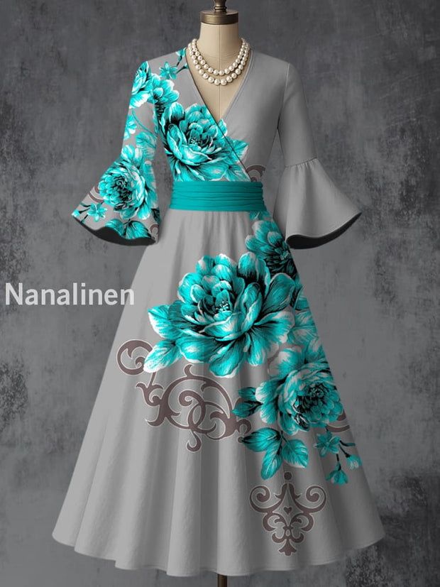 Retro Floral Art Printed V-Neck Vintage Chic Pleated Waist Flare Sleeve Midi Dress A / S