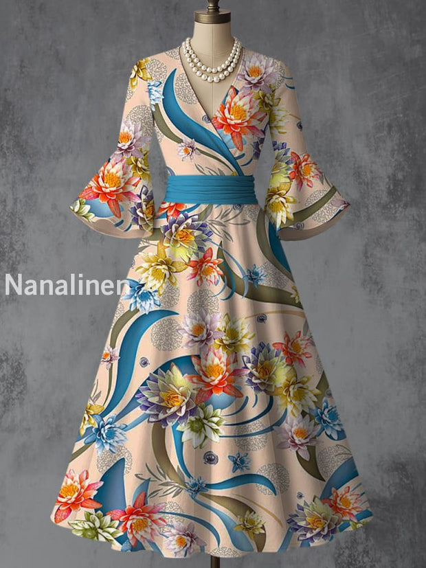 Retro Floral Art Printed V-Neck Vintage Chic Pleated Waist Flare Sleeve Midi Dress A / S