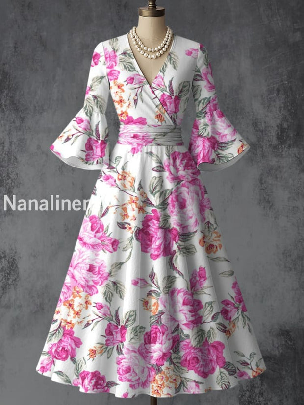 Retro Floral Art Printed V-Neck Vintage Chic Pleated Waist Flare Sleeve Midi Dress A / S
