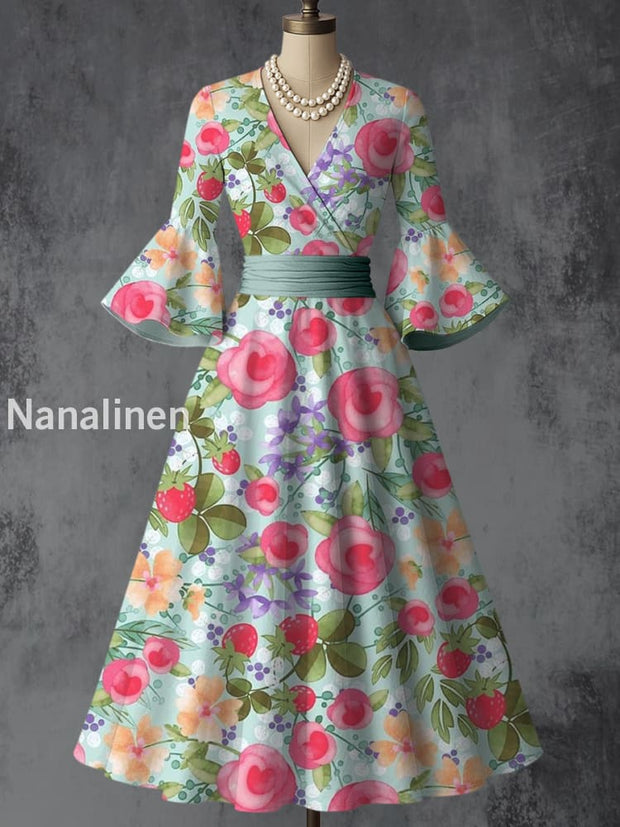 Retro Floral Art Printed V-Neck Vintage Chic Pleated Waist Flare Sleeve Midi Dress A / S
