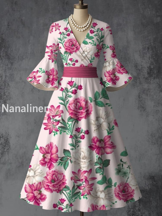 Retro Floral Art Printed V-Neck Vintage Chic Pleated Waist Flare Sleeve Midi Dress A / S