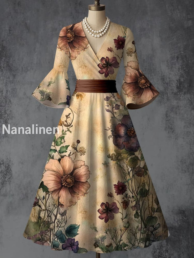 Retro Floral Art Printed V-Neck Vintage Chic Pleated Waist Flare Sleeve Midi Dress A / S