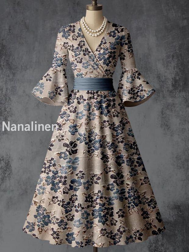Retro Floral Art Printed V-Neck Vintage Chic Pleated Waist Flare Sleeve Midi Dress A / S