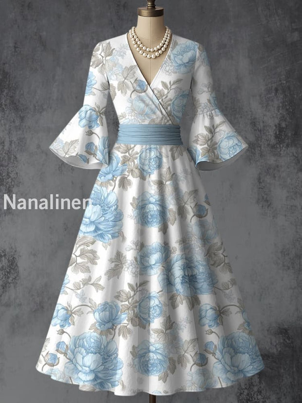 Retro Floral Art Printed V-Neck Vintage Chic Pleated Waist Flare Sleeve Midi Dress A / S