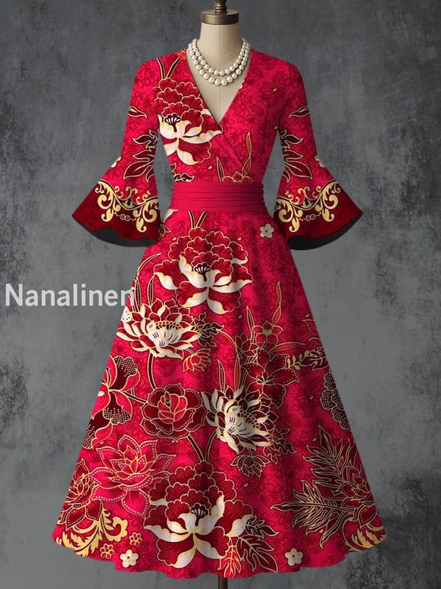Retro Floral Art Printed V-Neck Vintage Chic Pleated Waist Flare Sleeve Midi Dress A / S