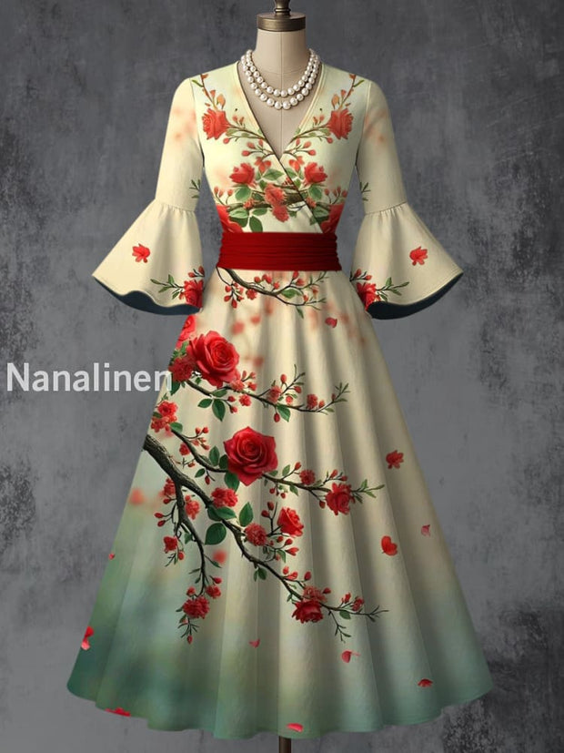 Retro Floral Art Printed V-Neck Vintage Chic Pleated Waist Flare Sleeve Midi Dress A / S