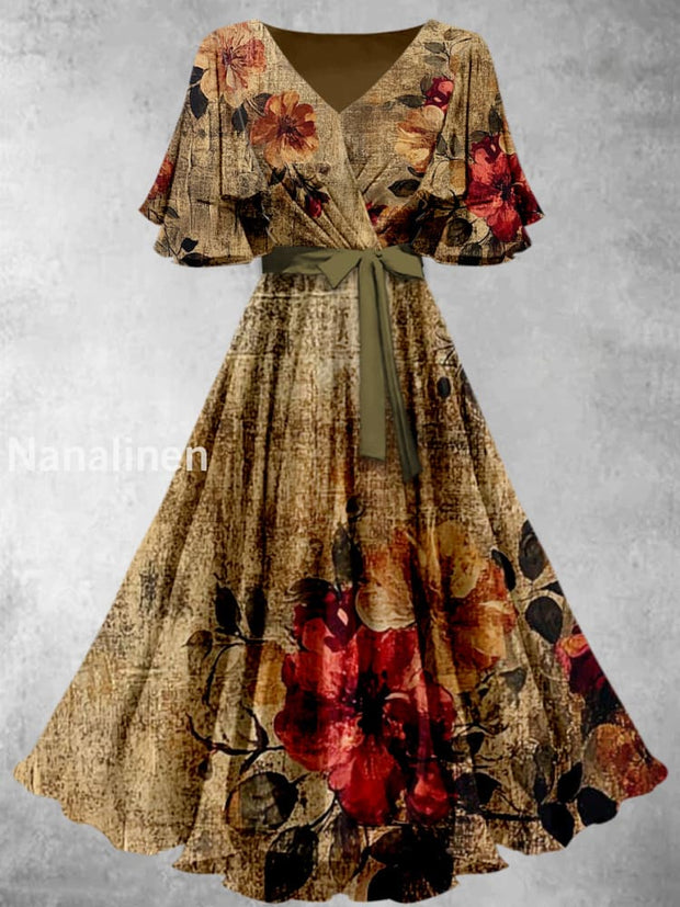 Retro Floral Art Printed V-Neck Vintage Chic Strap Short Sleeve Midi Dress A / S